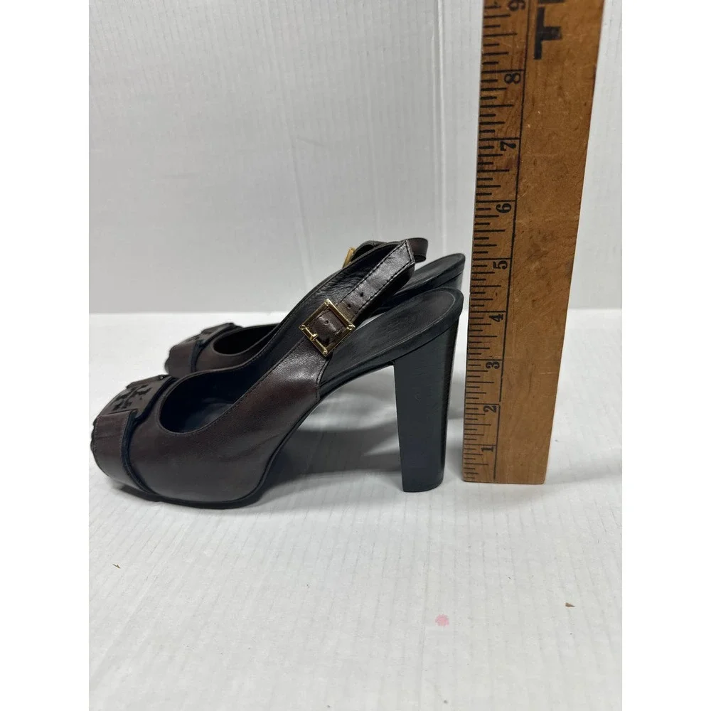 Tory Burch High Heel Dress Sandal Peep‎ Toe Slingback Brown Pump Heel Size 8